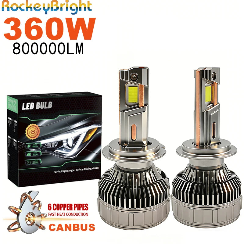 360W 800000LM H7 LED Headlight Bulb 6 Copper Pipes Canbus Car LED Headlamp High Power Supe