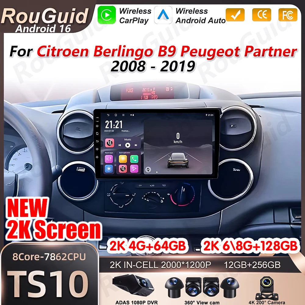 Android 16 Auto Carplay For Citroen Berlingo B9 Peugeot Partner 2008 2009 2010 - 2019 Car  | AUTOKITSHOP