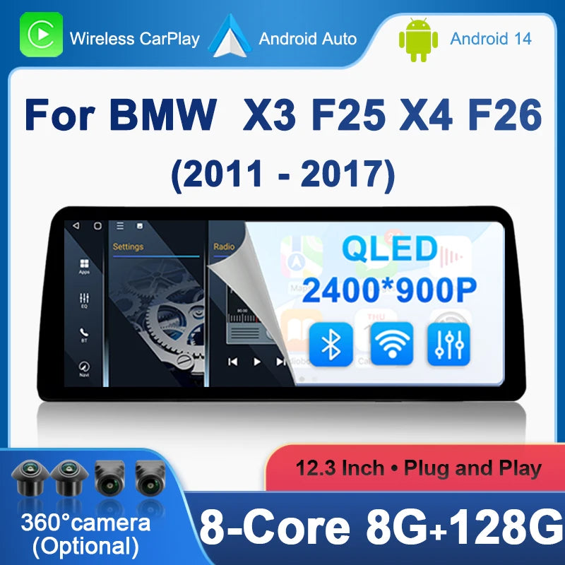 12.3 Inch Car Radio Head Unit Carplay Auto Multimedia Monitors For BMW X3 F25 X4 F26 2011-