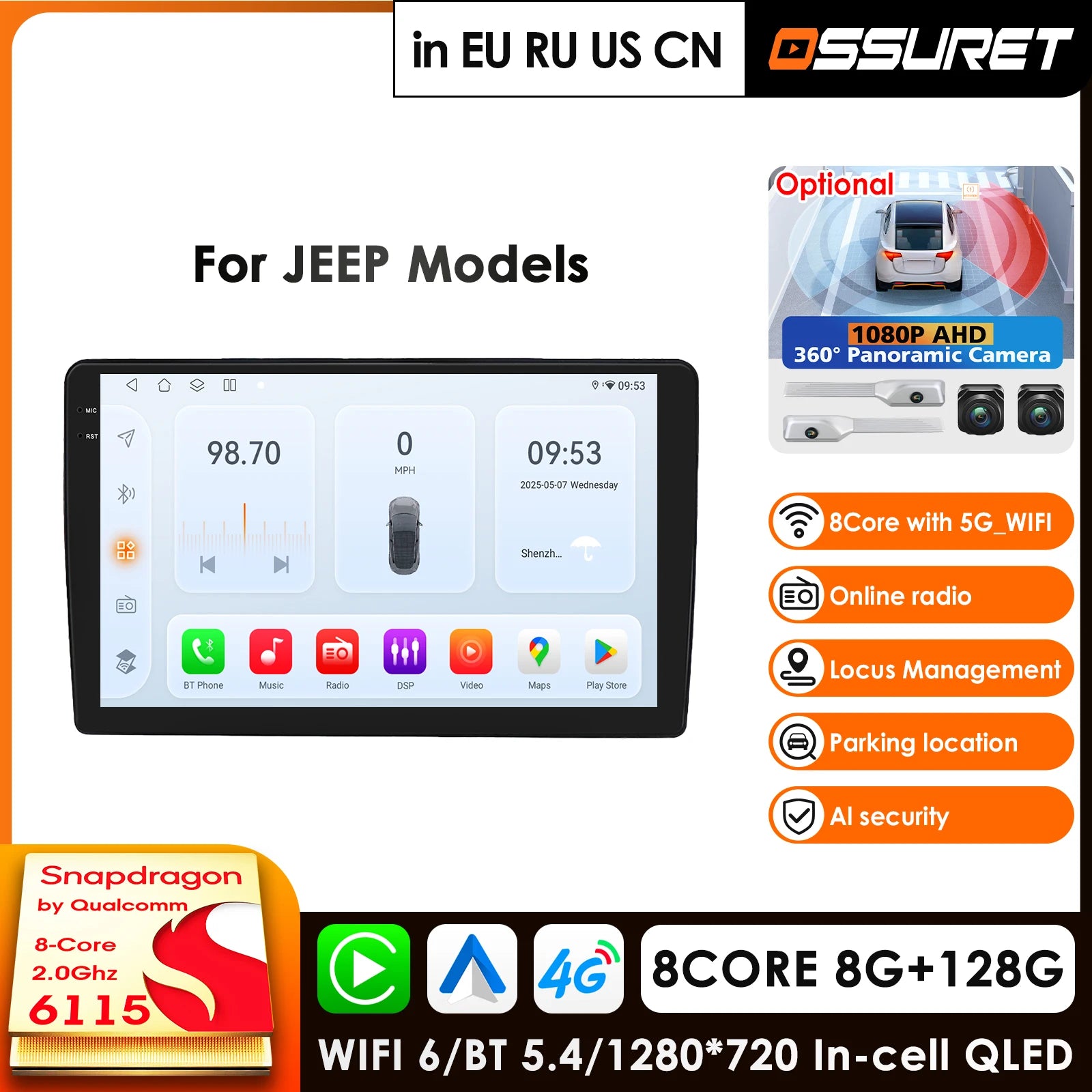 12.3" Car Radio GPS Android Auto CarPlay for Jeep Wrangler Dodge Grand Cherokee Chrysler 300C Patriot Commander Caliber