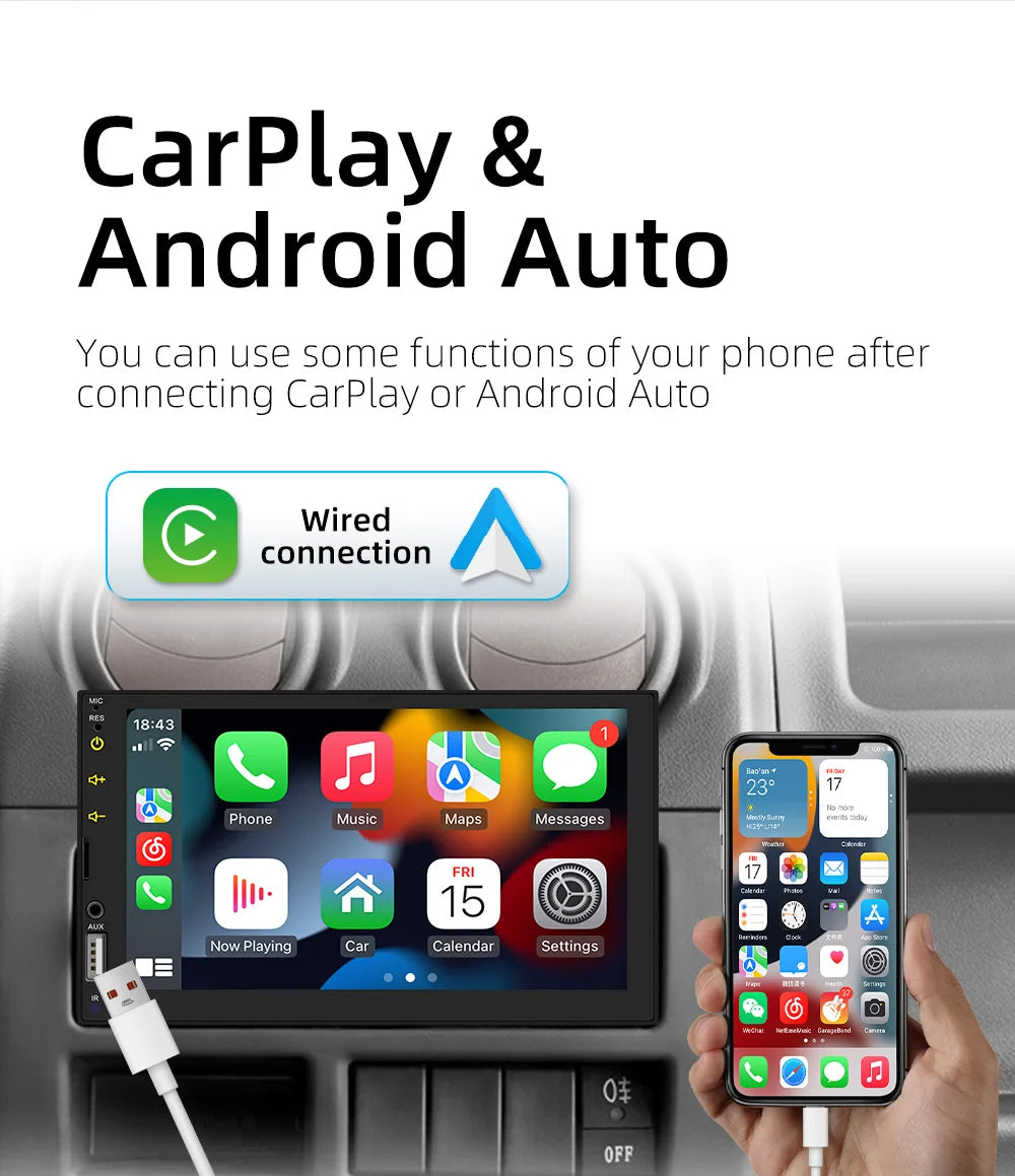 BQCC 7 Inch 1Din 2Din Car Radio Carplay Android Auto Multimedia Player HD Touch  Screen FM AUX BT MirrorLink Universal Car Audio