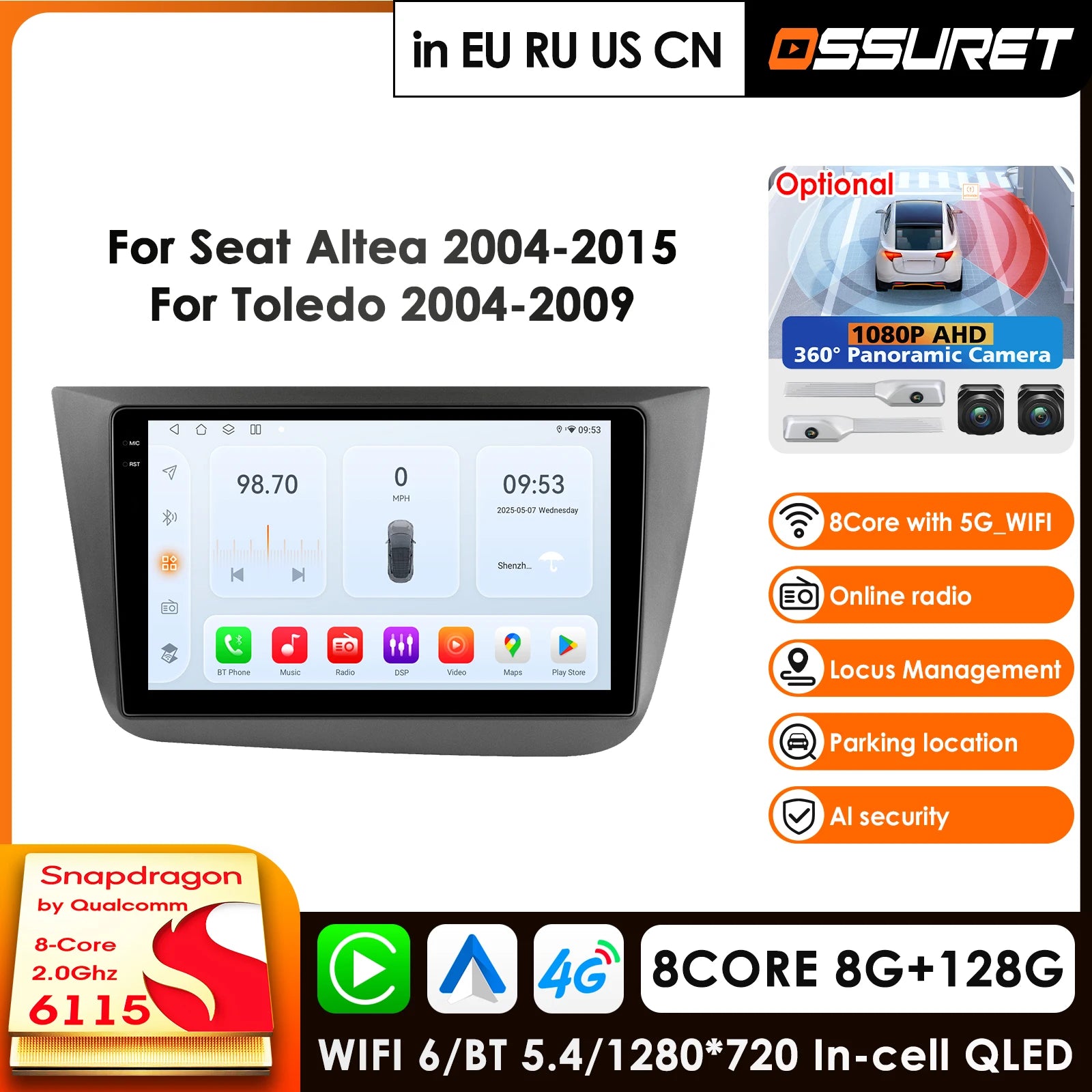 12.3" Car Radio GPS for Seat Altea 2004-2015 Toledo - AI Voice Wireless CarPlay Android 14 2 Din Multimedia Autoradio