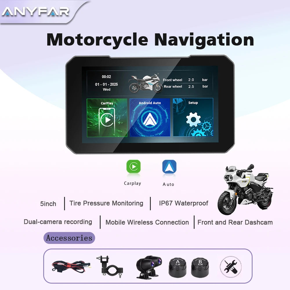 5 Inch Motorcycle CarPlay Screen Support Wireless CarPlay and Android Auto IP67 Waterproof