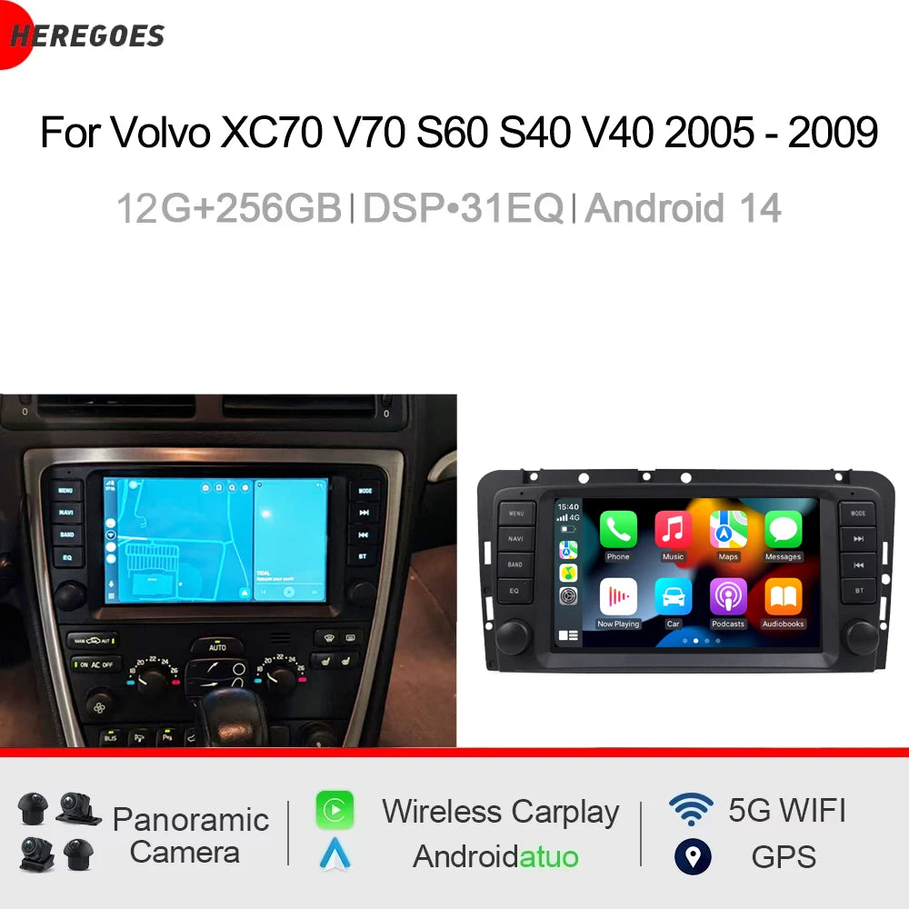 8" Car Radio GPS Android 14.0 8G+256G 8Core Carplay Wifi Multimedia for Volvo XC70 V70 S60 S40 V40 2005-2009 - 2K Touchs
