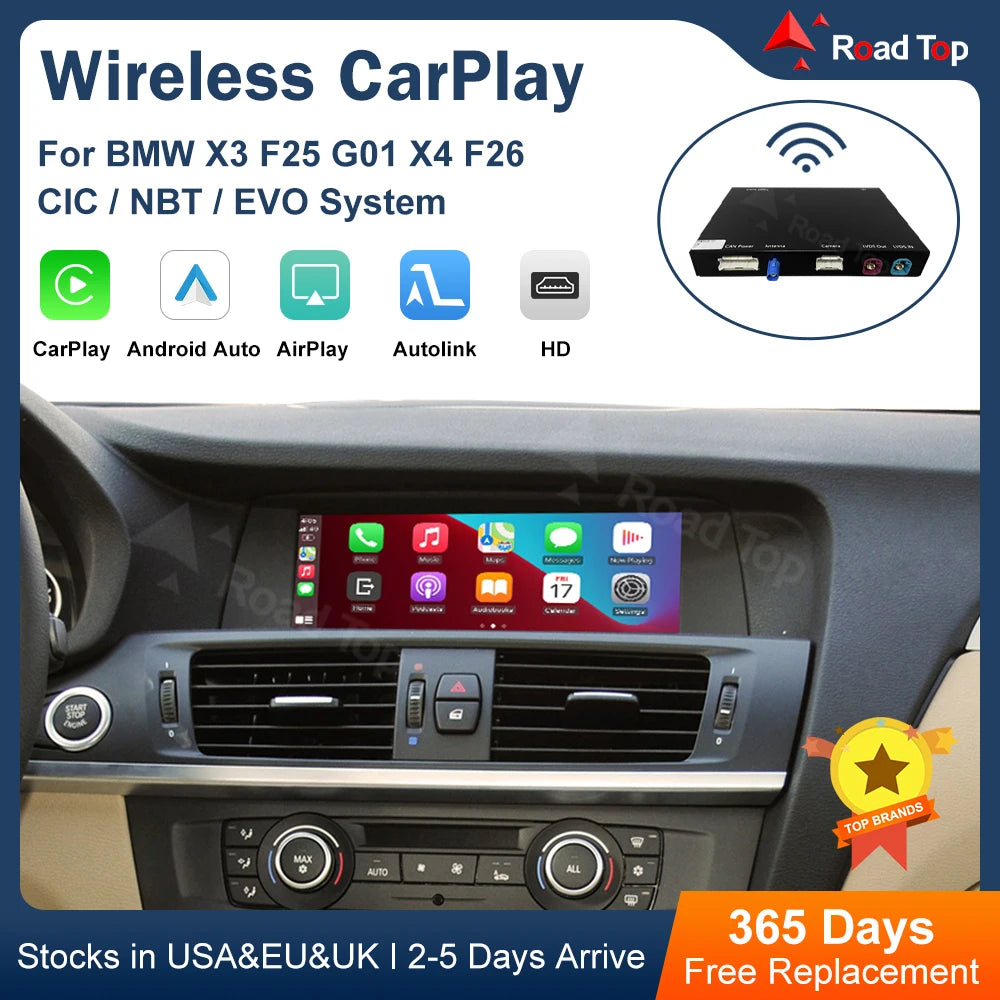 Road Top Wireless CarPlay Android Auto Interface for BMW X3 F25 X4 F26 2011-2016, with Mir | AUTOKITSHOP