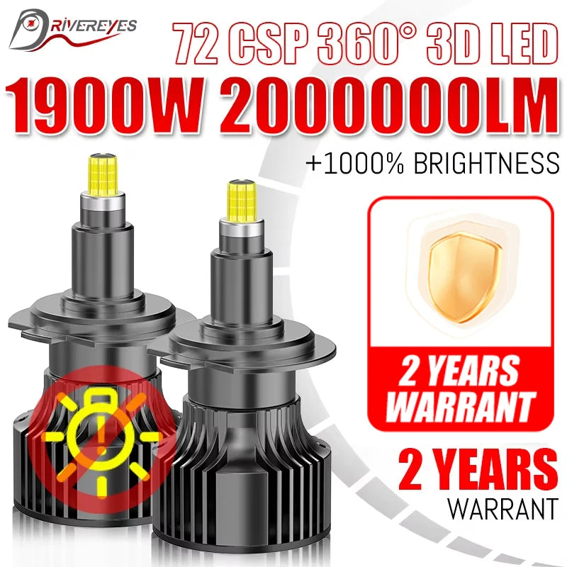 1900W H7 H11 Led Car Headlight Bulbs H8 2000000LM Lights HB3 9005 HB4 9006 Hir2 9012 Turbo