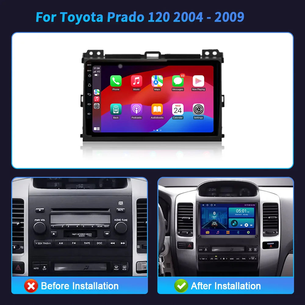 For Toyota Prado 120 2004-2009 Car Radio Wireless Bluetooth Carplay Multimedia Navigation