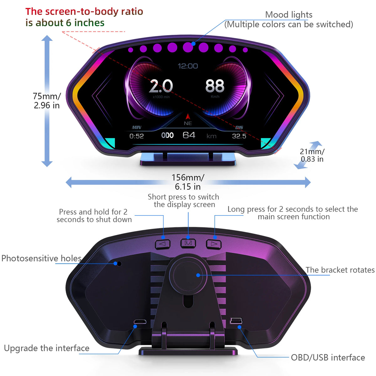 36 Functions P3 HUD OBD+GPS Dual System Car Head Up Display GPS Speedometer Tachometer Slope Met - Automotive LED Light