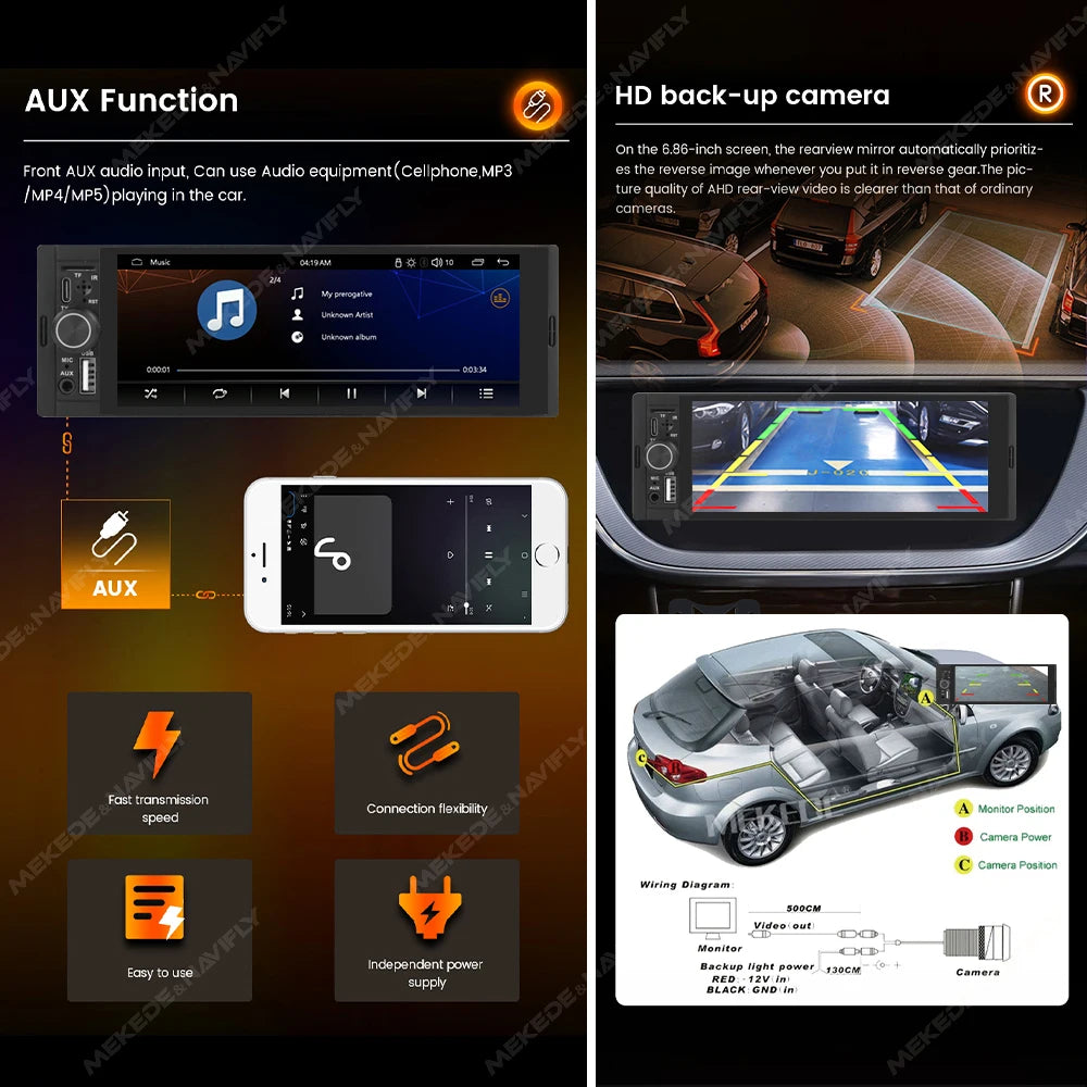 Car Radio For 1DIN 6.86inch HD touch screen Multimedia Player Multimedia Player Support Ca
