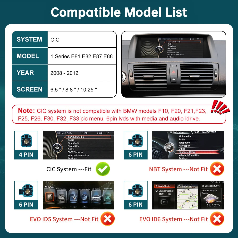 RoadTop Wireless CarPlay for BMW Series 1 E81 E82 E87 E88 CIC 2008-2012 with Android Auto