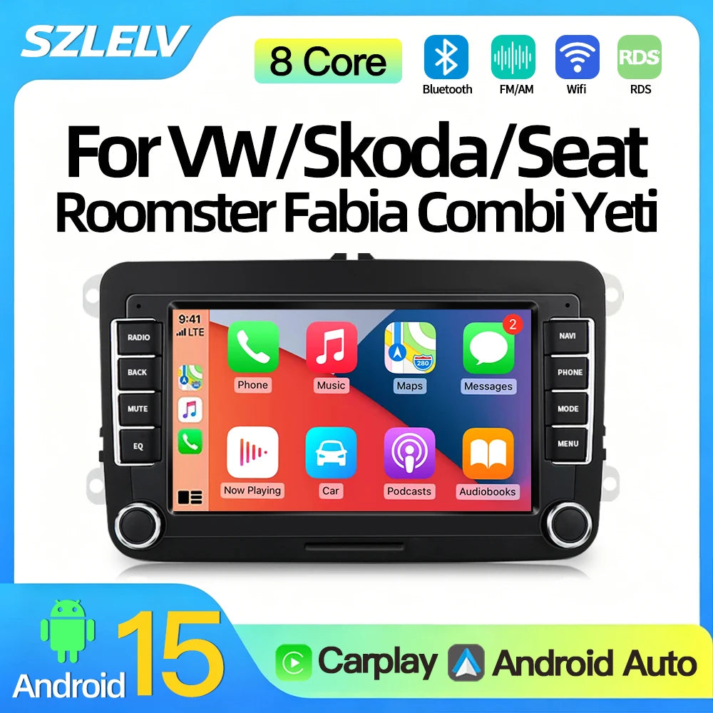 SZLELV 7" Android 15 Auto Carplay Car Stereo GPS 4G WIFI RDS FM BT For VW Skoda Yeti Golf