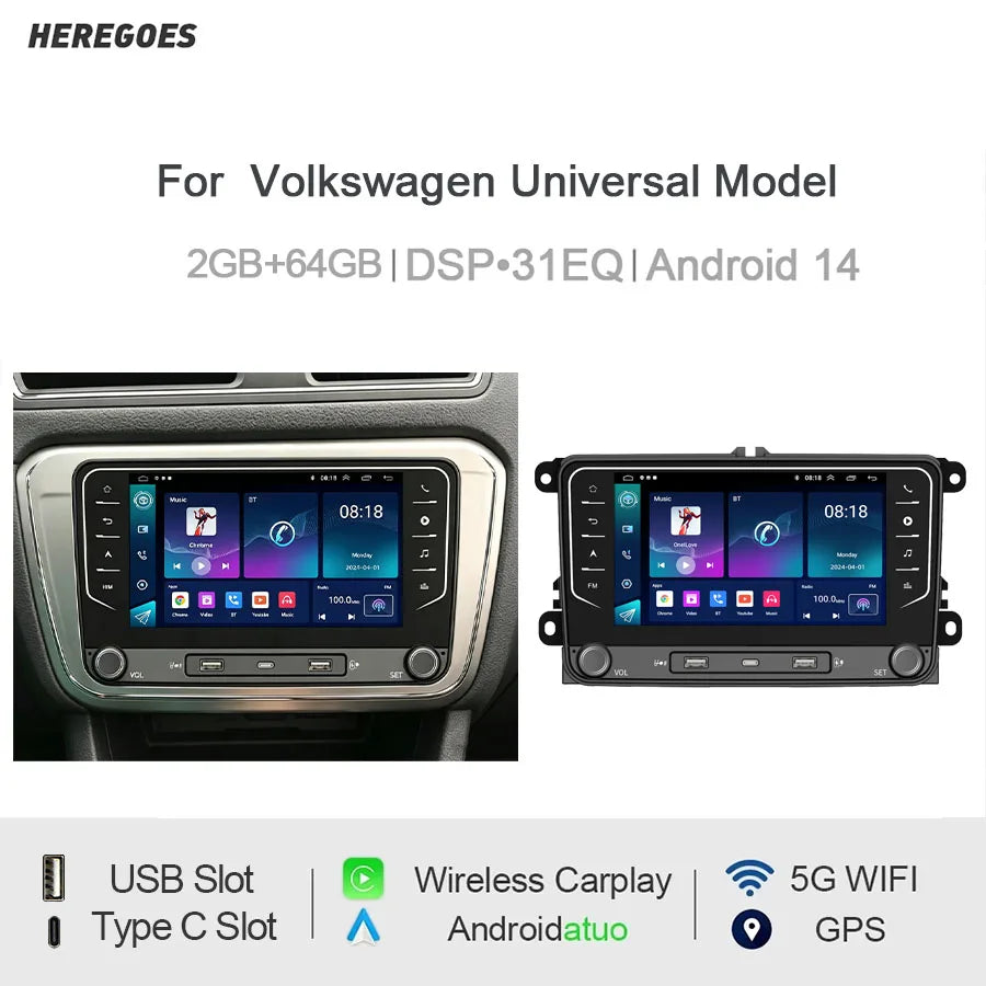 7" Android Car Radio GPS for Volkswagen Universal Model CarPlay Android Auto Bluetooth Steering Control - 2GB 64GB