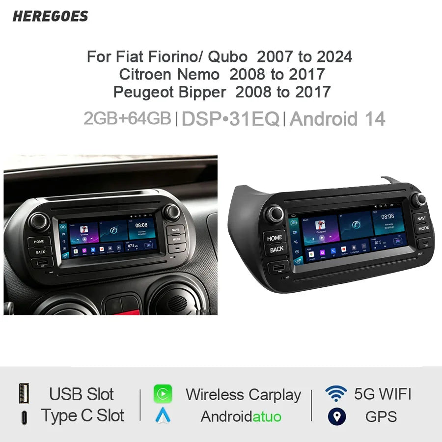 7" Android Car Radio GPS For Fiat Fiorino/Qubo/Citroen Nemo/Peugeot Bipper 2008-2020 - Wireless CarPlay Auto Nav Bluetoo