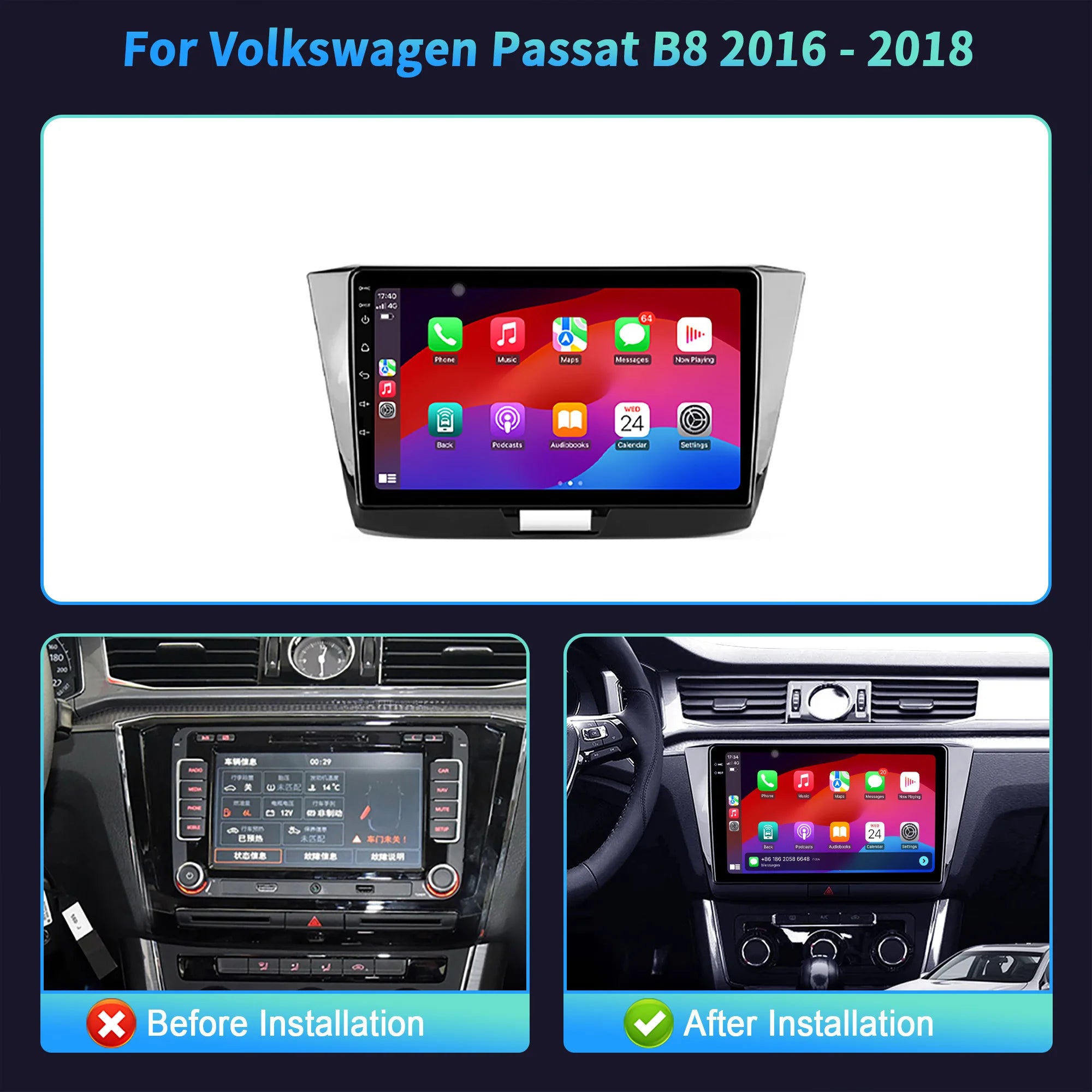 For VW Passat B8 2016-2018 Android 14 Car Radio Multimedia Navigation Wireless CarPlay Tou