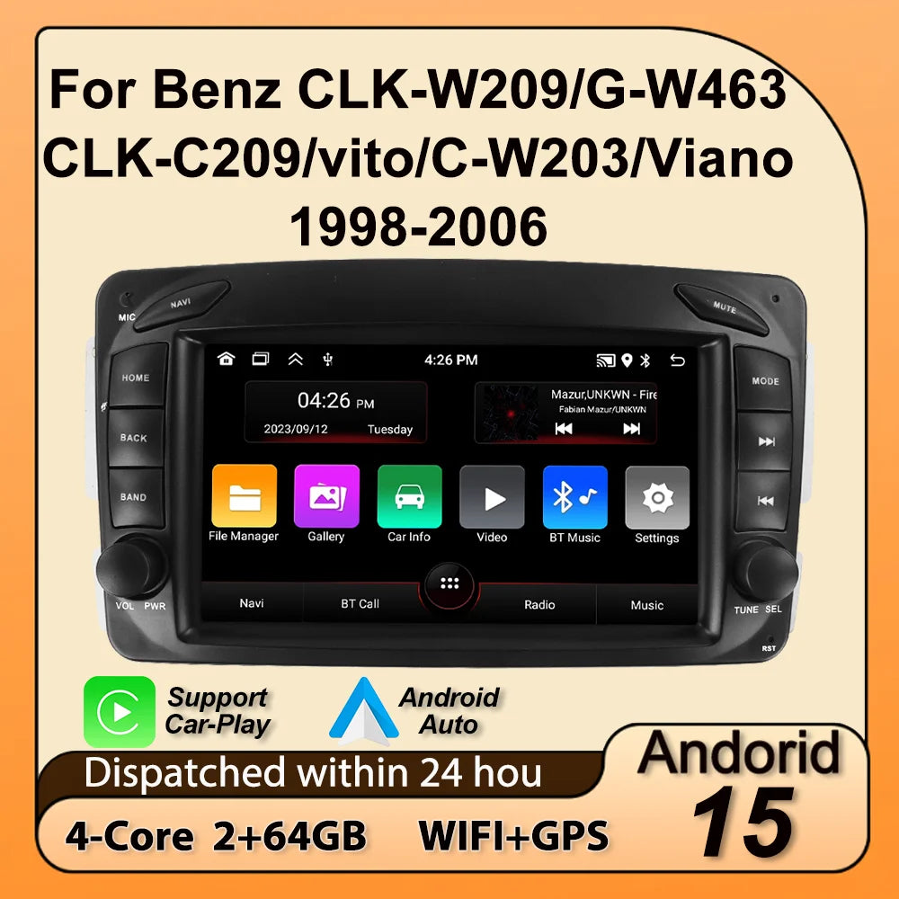 For Mercedes Benz CLK W209 C209 W168 W203 W463 Vito Viano 1998-2006 Android 15 2 Din Car R