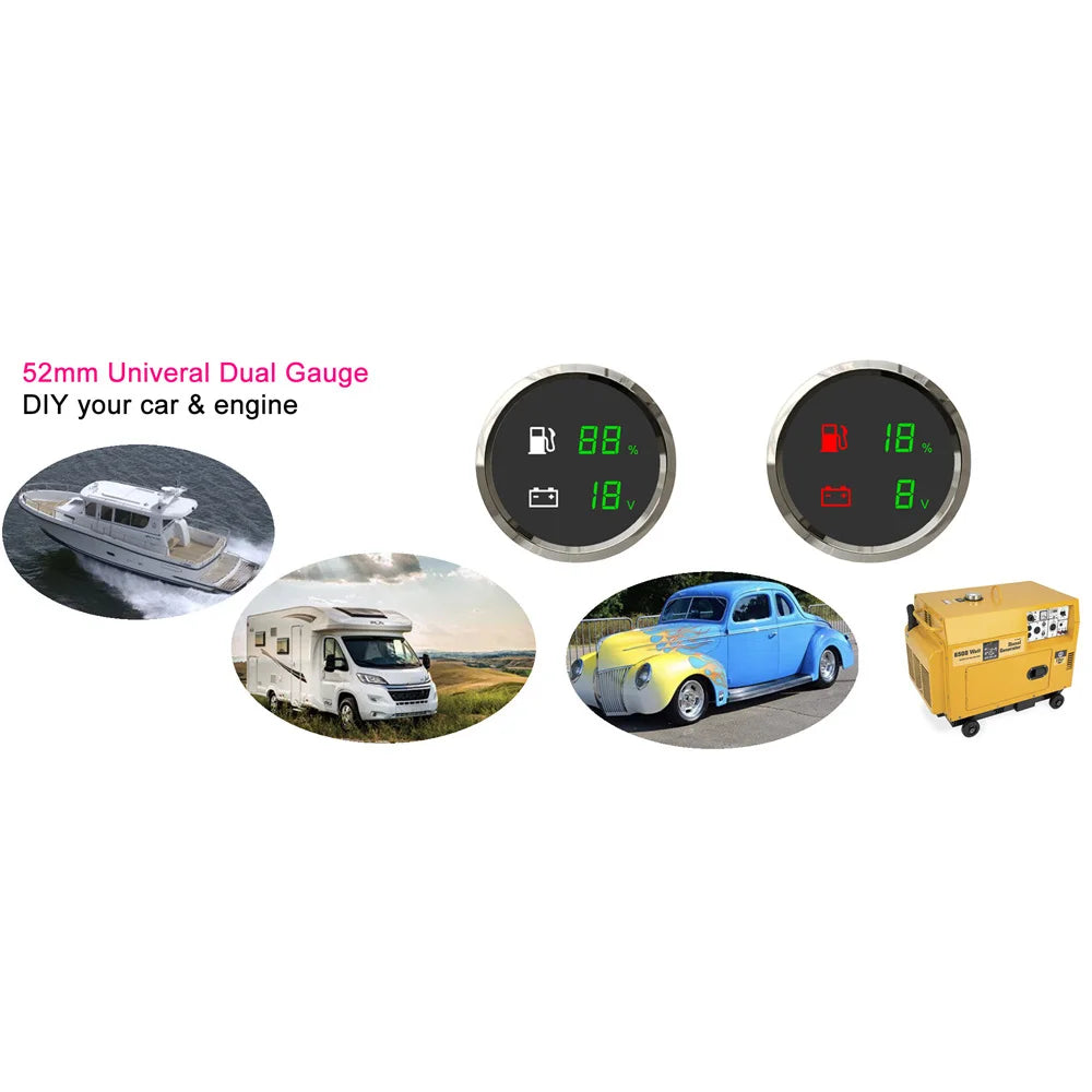 12V/24V 52mm 2-in-1 Digital LED Meter Voltage + Fuel Level Dual Gauge Waterproof