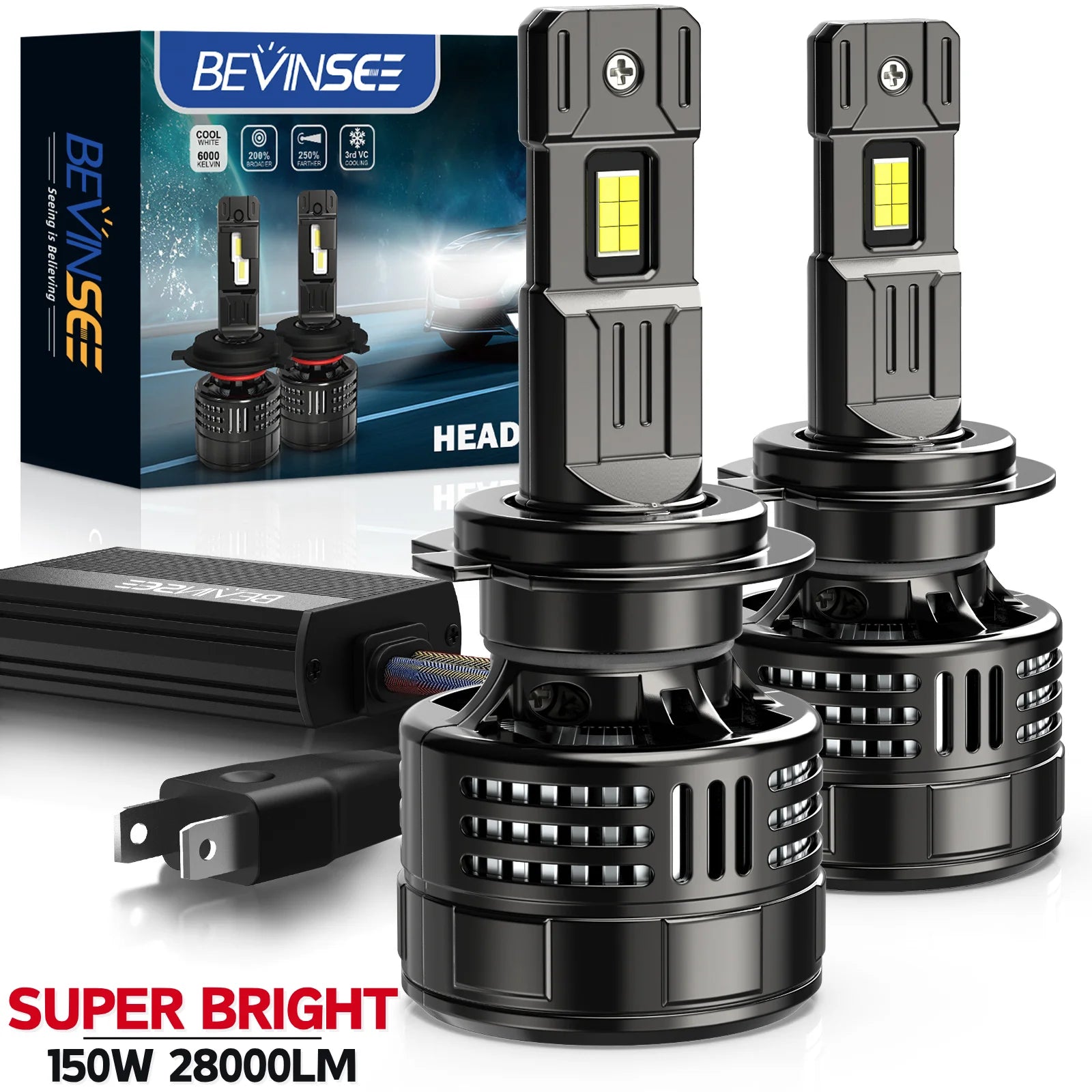 BEVINSEE H7 H4 H11 9005 HB3 9006 HB4 9012 HIR2 LED Headlight Bulbs 28000LM 150W Super Brig