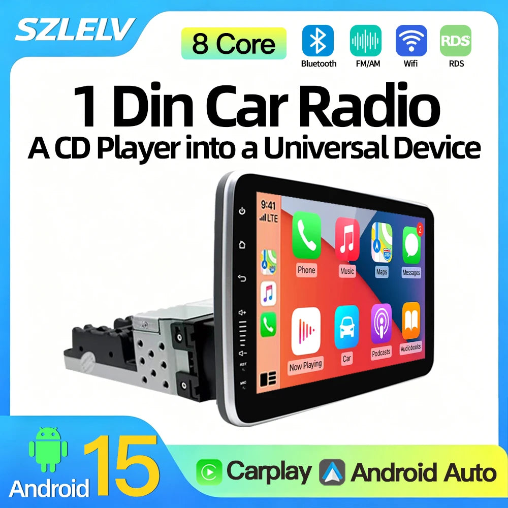 SZLELV 360° Rotation Android 15 Auto 1DIN Universal 9 10 Inch Car Stereo Radio BT WIFI Car
