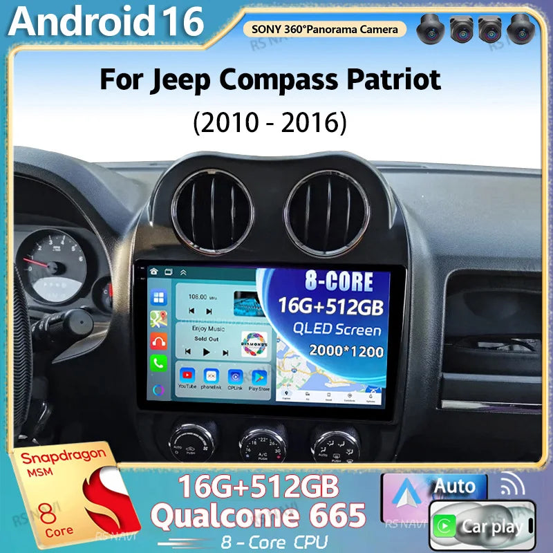 Android 16 For Jeep Compass Patriot 2010 - 2016 2K QLED Android Car Radio Multimedia Video