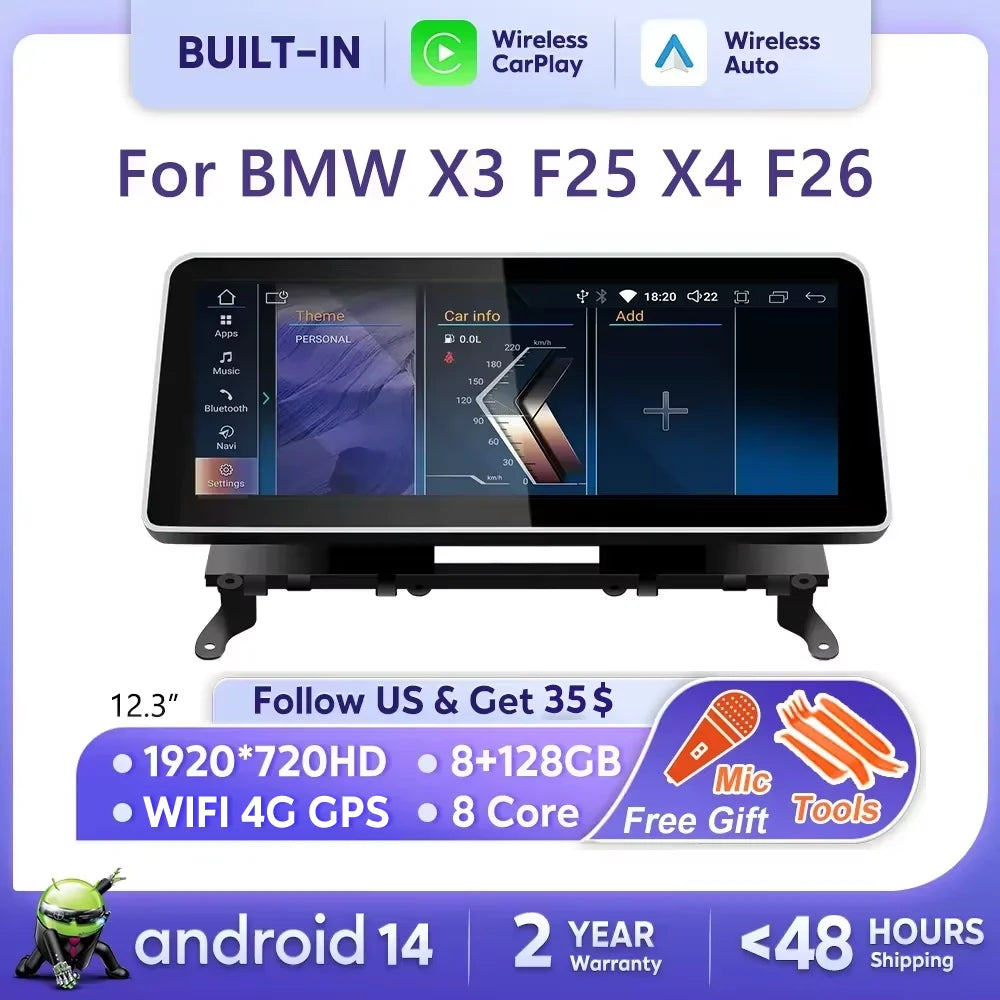 12.3 Inch Car Radio Carplay For BMW X3 F25 X4 F26 2010-2018 Android 14 Auto Multimedia Mon