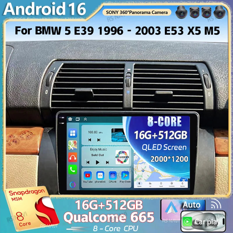 Android 16 For BMW 5 E39 1996 - 2003 E53 X5 M5 2K QLED Android Car Radio Multimedia Video