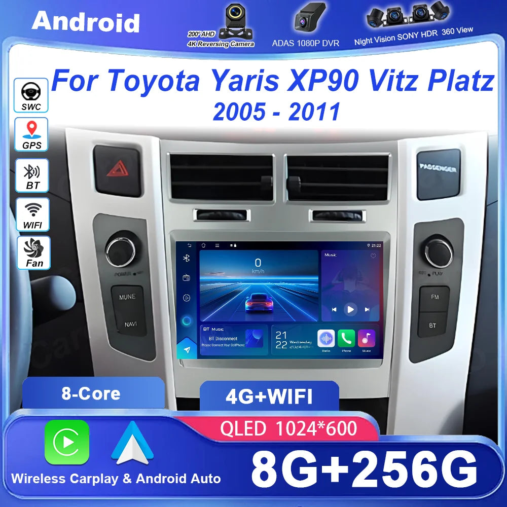Android 16 For Toyota Yaris XP90 Vitz Platz 2005-2011 Multimedia Video Player Carplay Touc