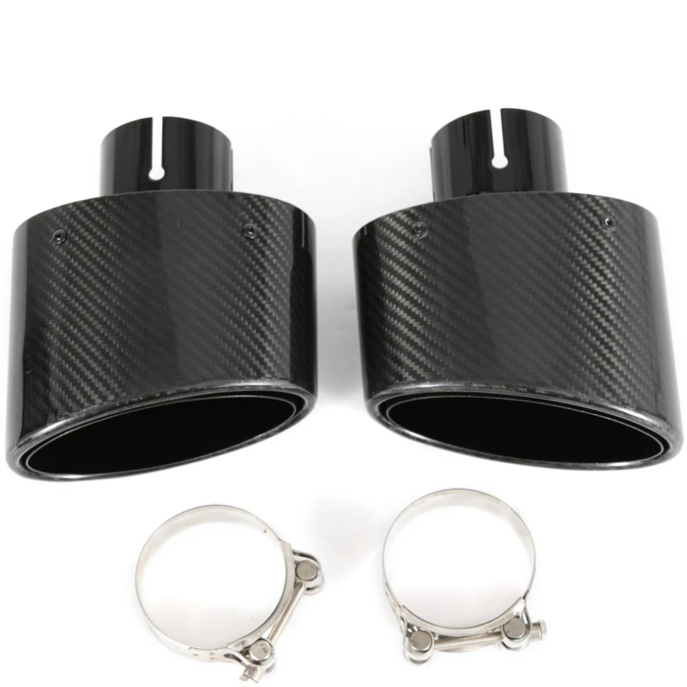 1PCS Remus Oval Glossy Carbon Fiber Curly Exhaust Tip Nozzle Universal Car Black Stainless Steel - Automotive LED Light