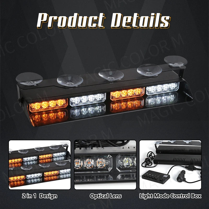 2-in-1 32 LED Car Strobe Lights For Emergency Flash Warning Lamp Windshield Bar Red Blue A | AUTOKITSHOP