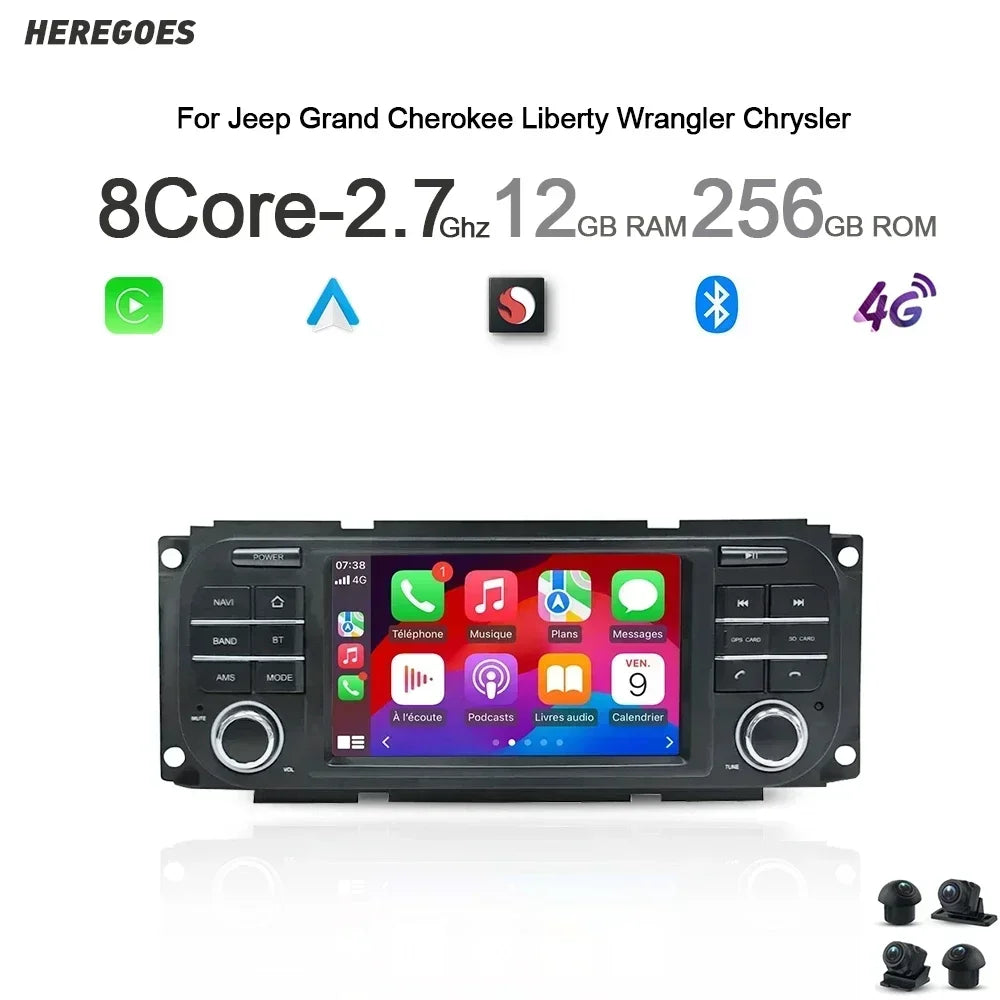 12.3" Car Radio GPS Android 14 Carplay Multimedia Player 12+256GB for Jeep Grand Cherokee Liberty Wrangler Chrysler Dodg