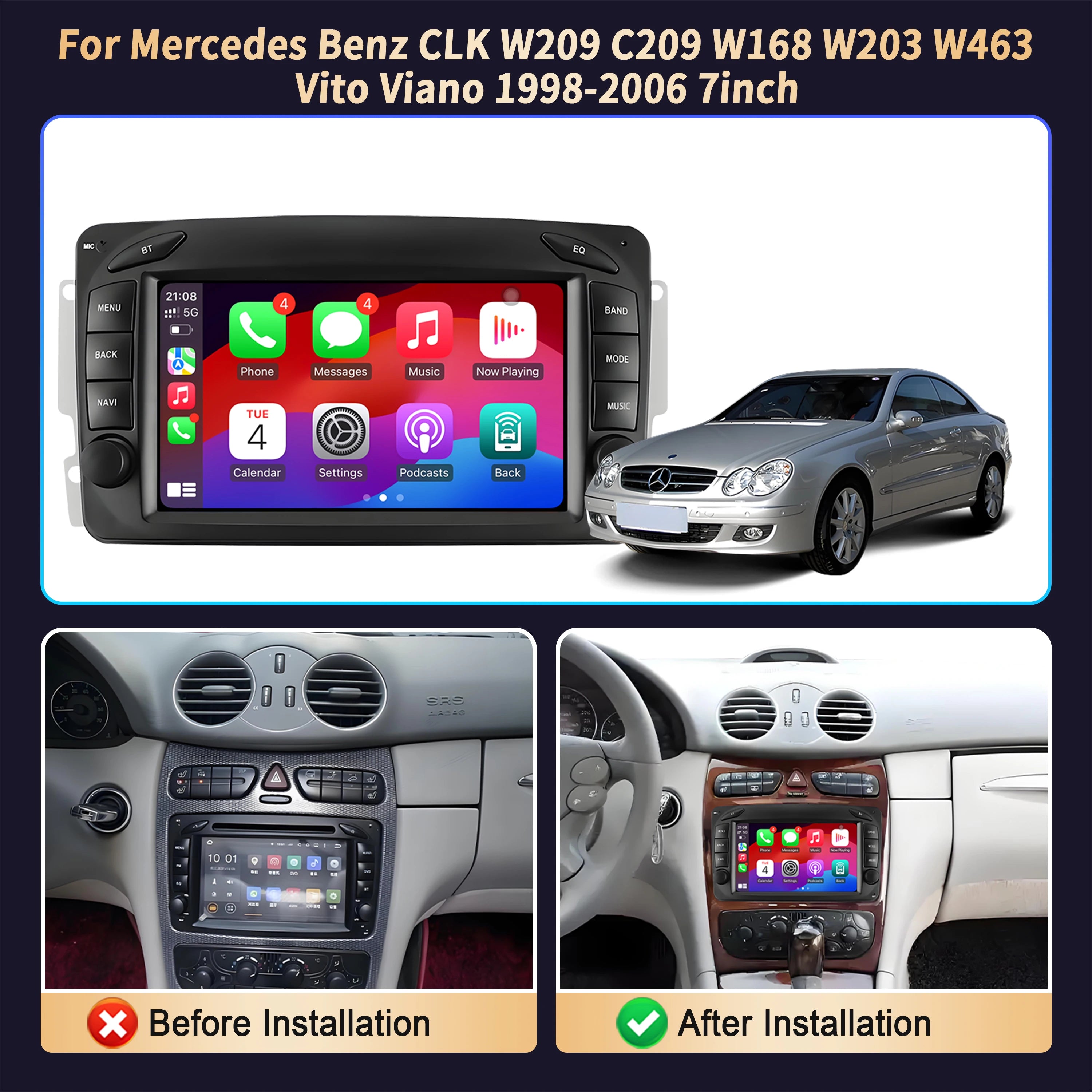 7 inch Car Radio For Mercedes Benz CLK W209 C209 W168 W203 W463 Vito Viano 1998 1999 2000-