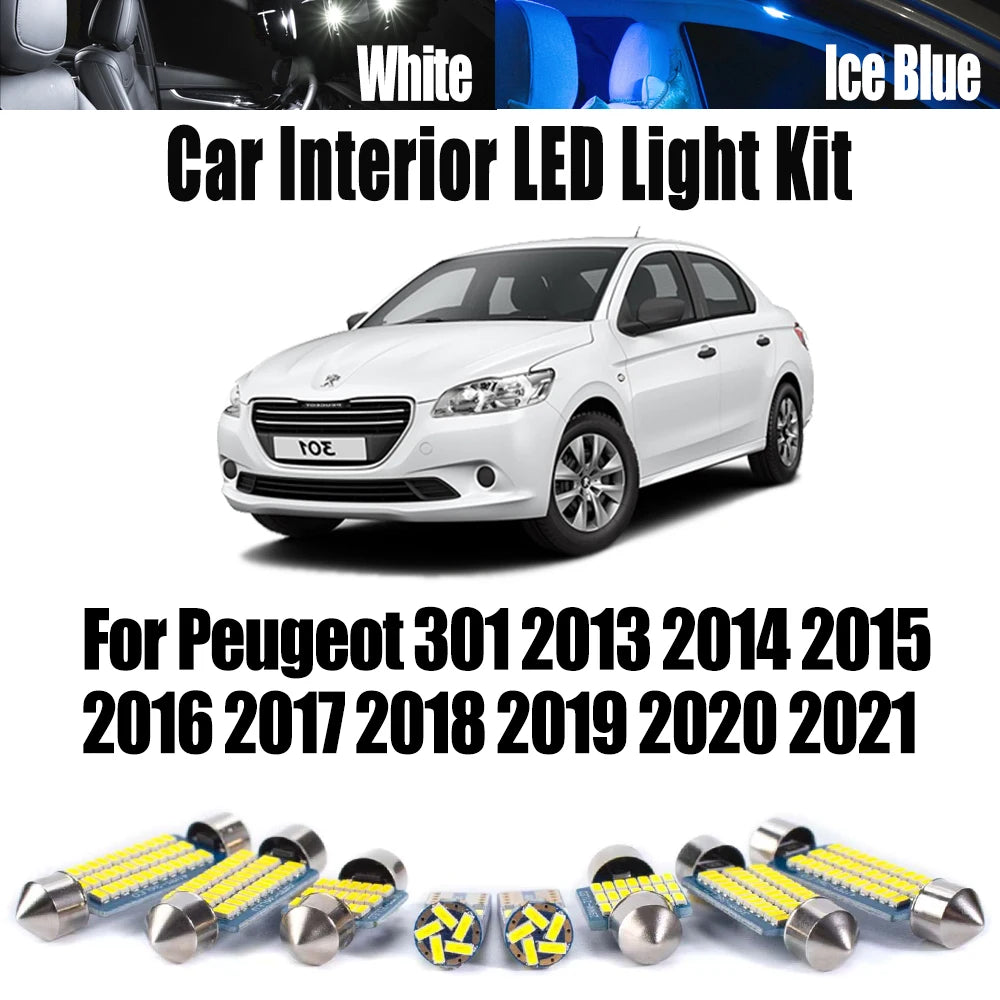 11-Piece LED Interior Light Kit for Peugeot 301 2013- 2019 - Canbus Dome Map Door Trunk Bulbs | AUTOKITSHOP