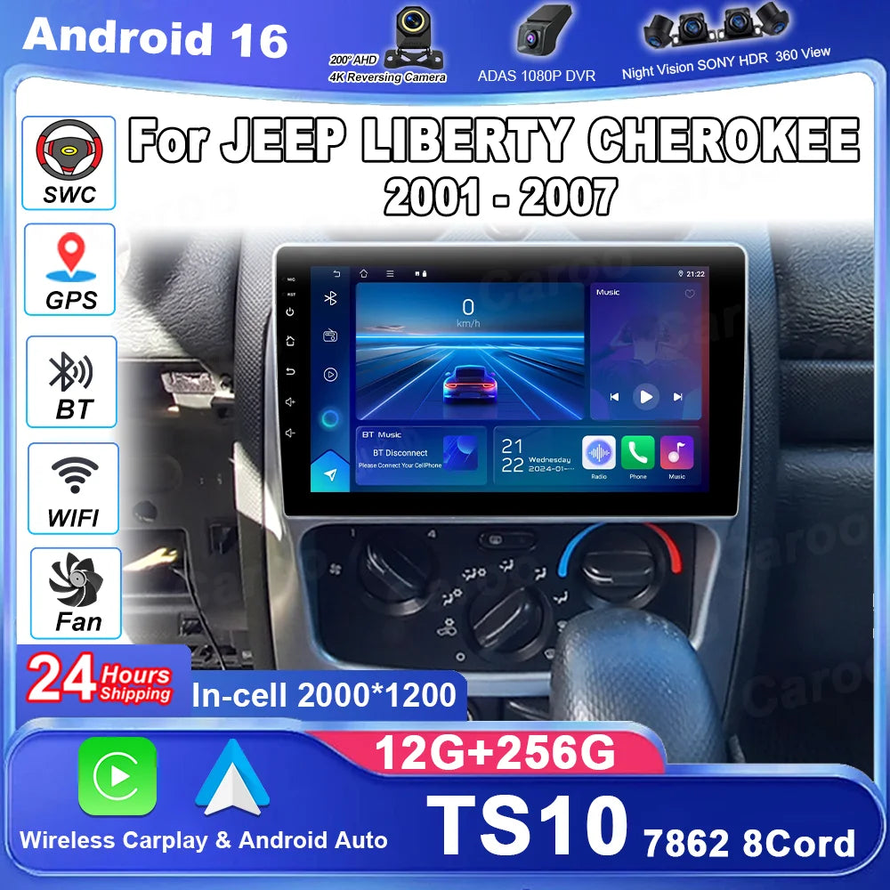 Android 16 Carplay Car Stereo For JEEP LIBERTY CHEROKEE 2001 2002 2003 2004 2005 2006 2007
