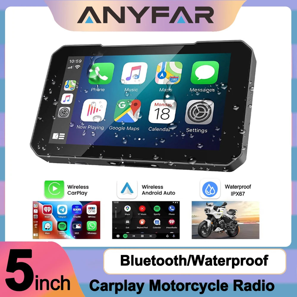 IP67 5 Inch Waterproof Motorcycle Touch Screen with Wireless CarPlay Android Auto Fast Boo