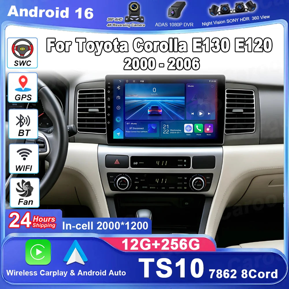 Android 16 Car Radio Stereo Player Carplay For Toyota Corolla E130 E120 2000 2001 2002 200