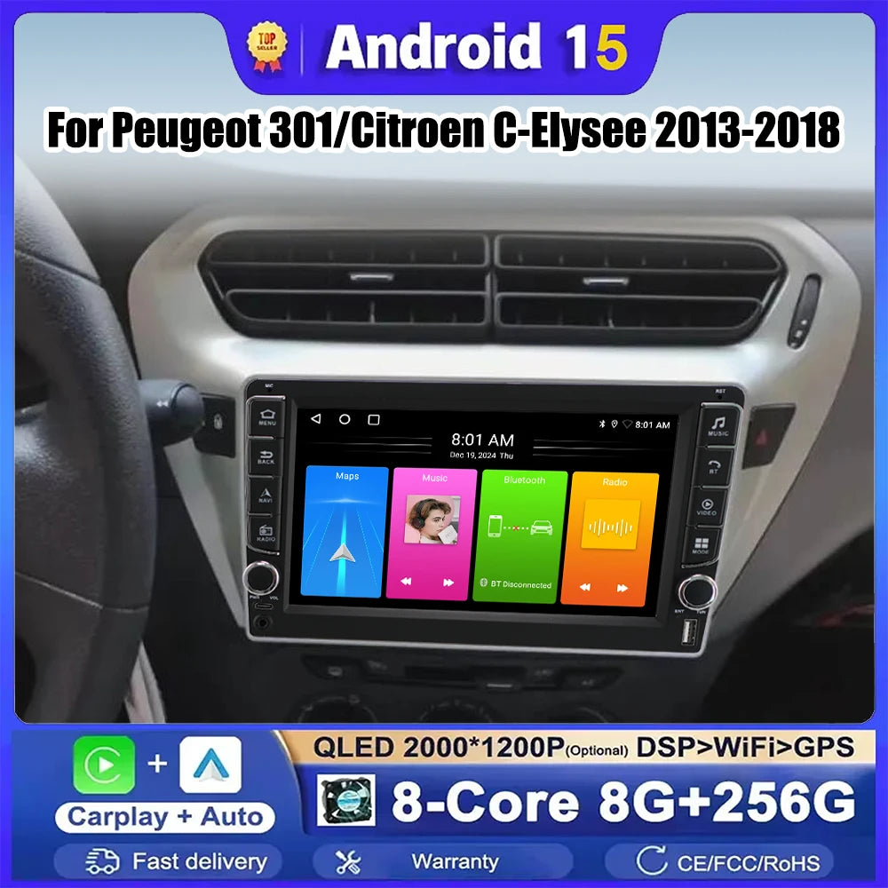 Android15 Carplay Car Radio Multimedia For Peugeot 301/Citroen C-Elysee 2013-2018 Head Uni | AUTOKITSHOP