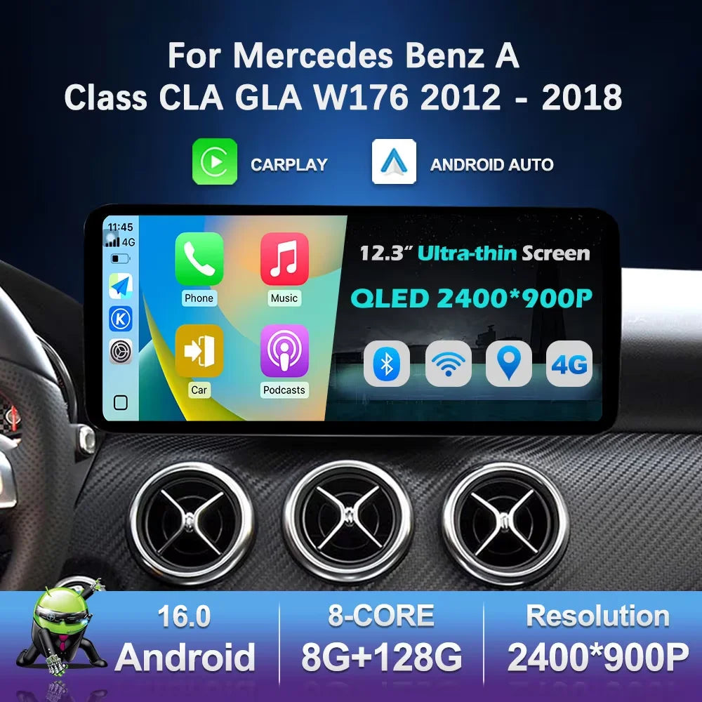 Android 16 Navigation GPS Car Radio Multimedia Player for Mercedes Benz A Class CLA GLA W1