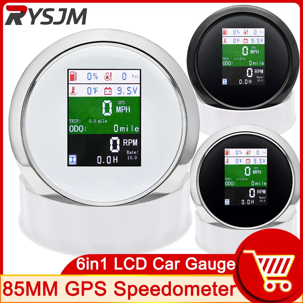 AD 6in1 Multi-functional Digital Gauge 85mm GPS Speedometer Tachometer Oil Pressure Fuel Level G - Automotive LED Light