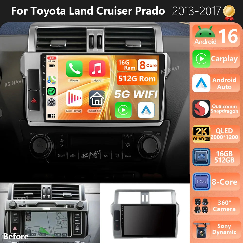 Plug and Play Android 16 For Toyota Land Cruiser Prado 150 2013 - 2017 2K QLED Android Car