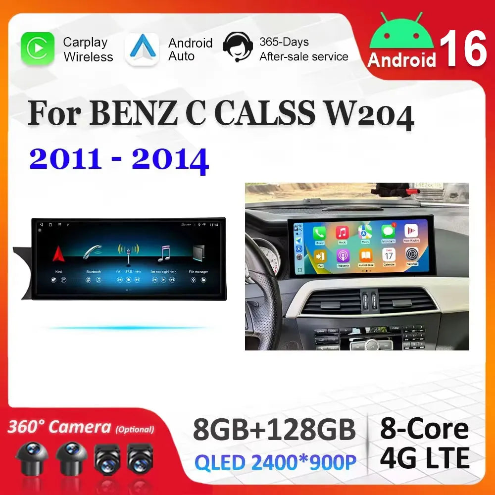 Android 16 Accessories Car Multimedia Radio and Ultra-thin screen Carplay QLED for BENZ C