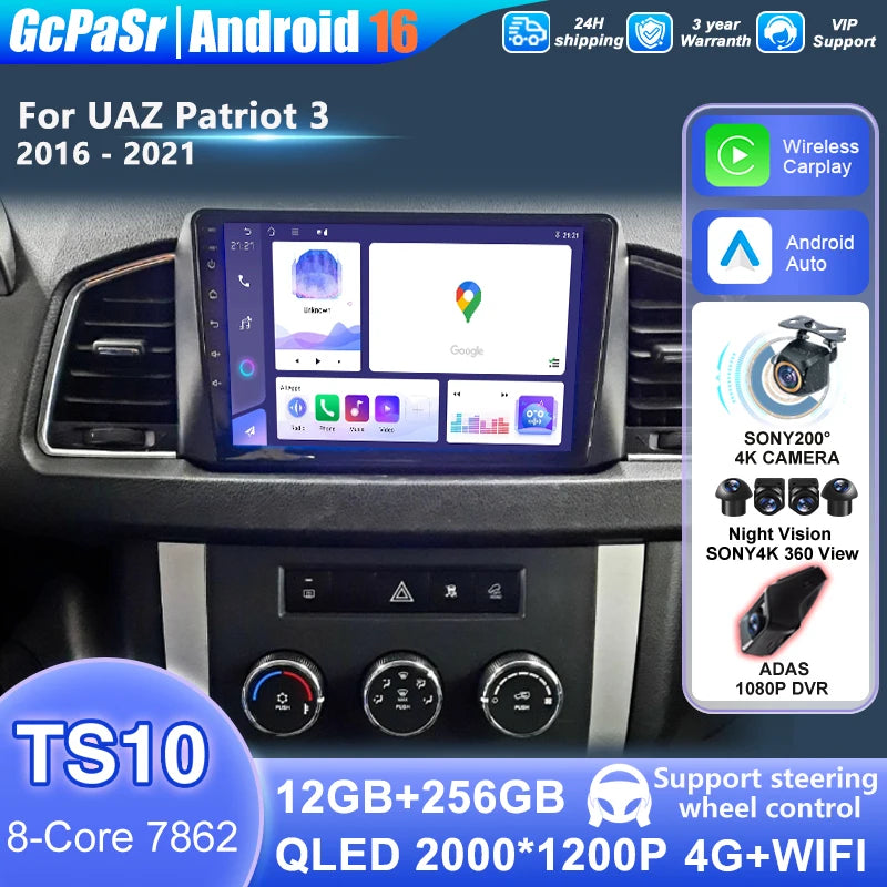 Android 16 For UAZ Patriot 3 2016 2017 2018 2019 - 2021 Android Auto Car Multimedia GPS St