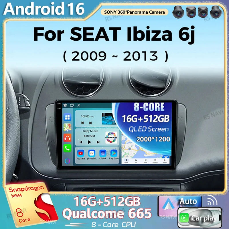 Android 16 For SEAT Ibiza 6j 2009 2010 2011 2012 2013 2K QLED Android Car Radio Multimedia