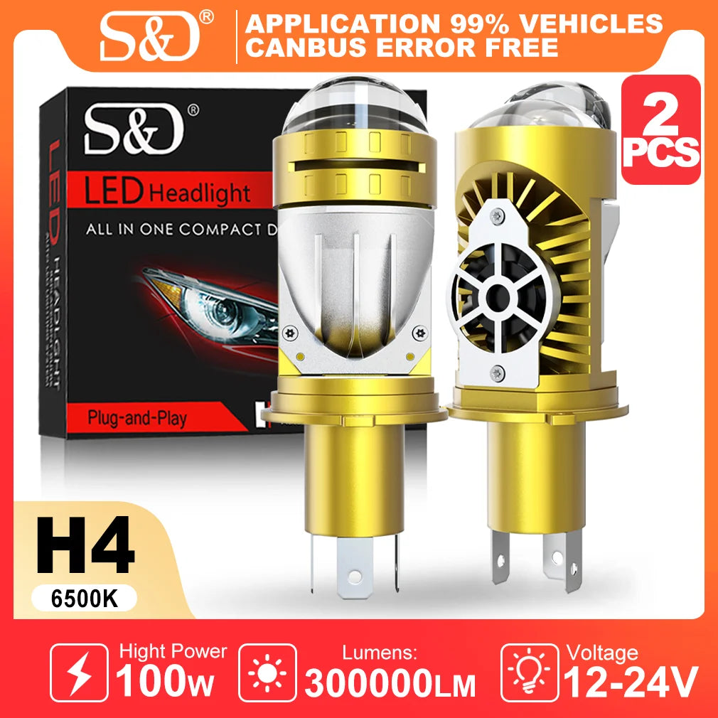 S&D H4 Bi Led Projector Lens Headlights Double Lens Car Bulbs 300000LM 100W 6500K Canbus P