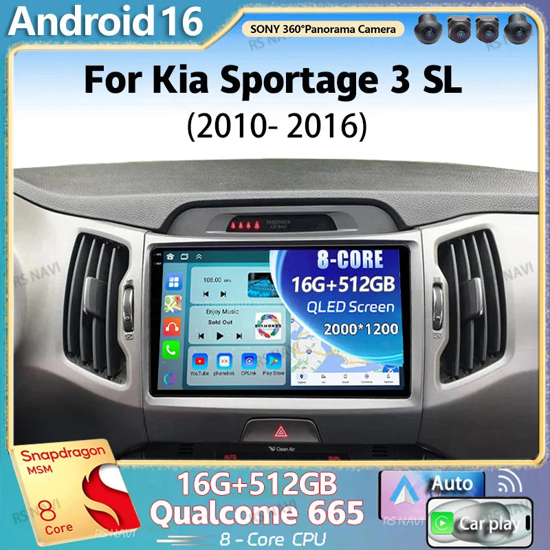 Android 16 For Kia Sportage 3 SL 2010 - 2016 2K QLED Android Car Radio Multimedia Video Pl