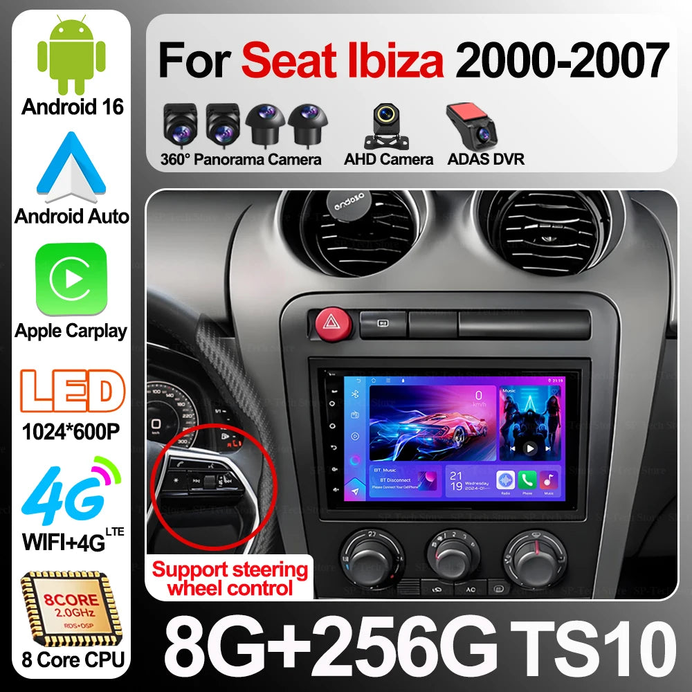 7" Car Radio For Seat Ibiza 2000 2001 2002 2003 2004 2005-2007 Android 16 Multimedia Video | AUTOKITSHOP