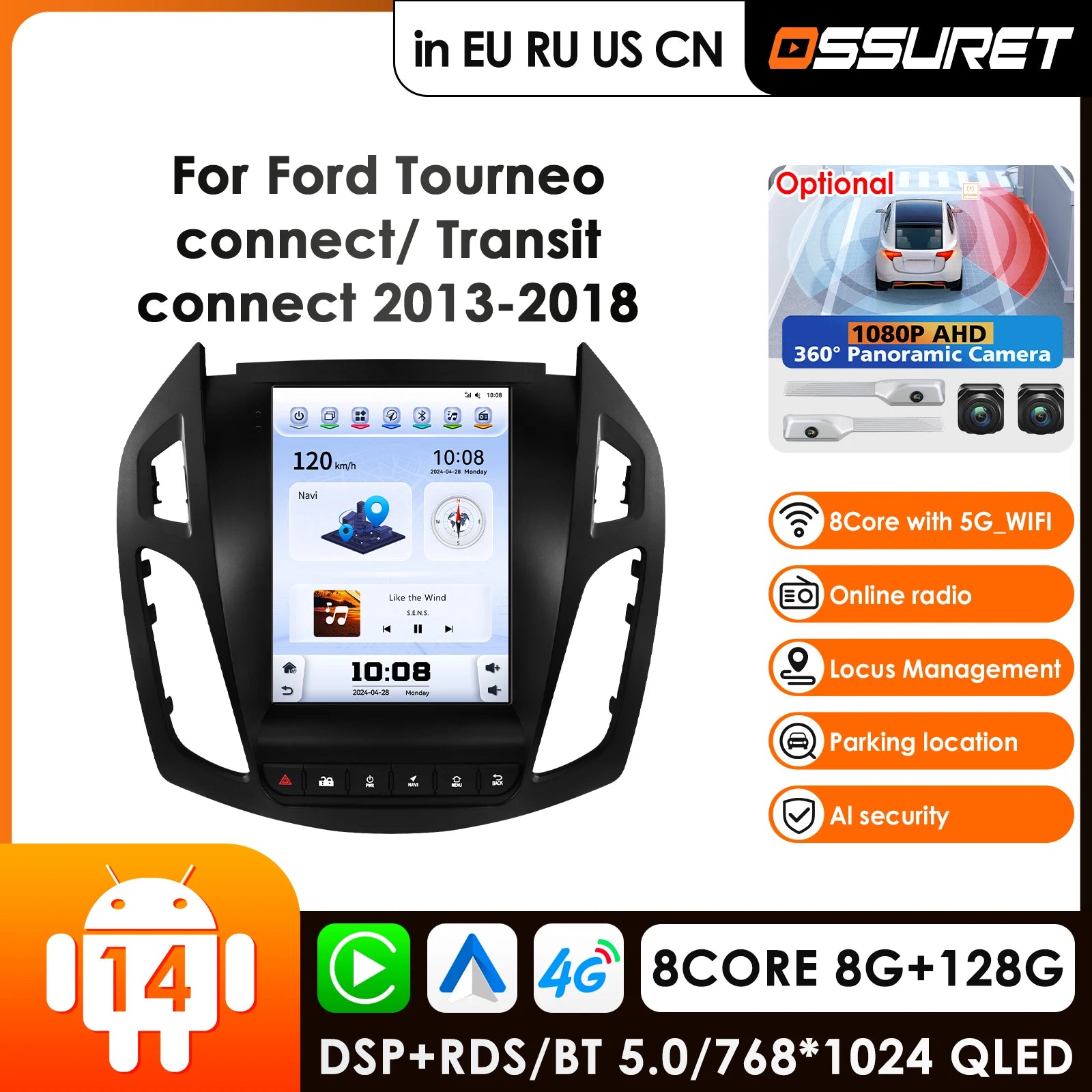 9.7" Car Radio GPS 4G Wireless Carplay Android Auto Multimedia Player for Ford Transit Connect 2013-2018 Tourneo Connect