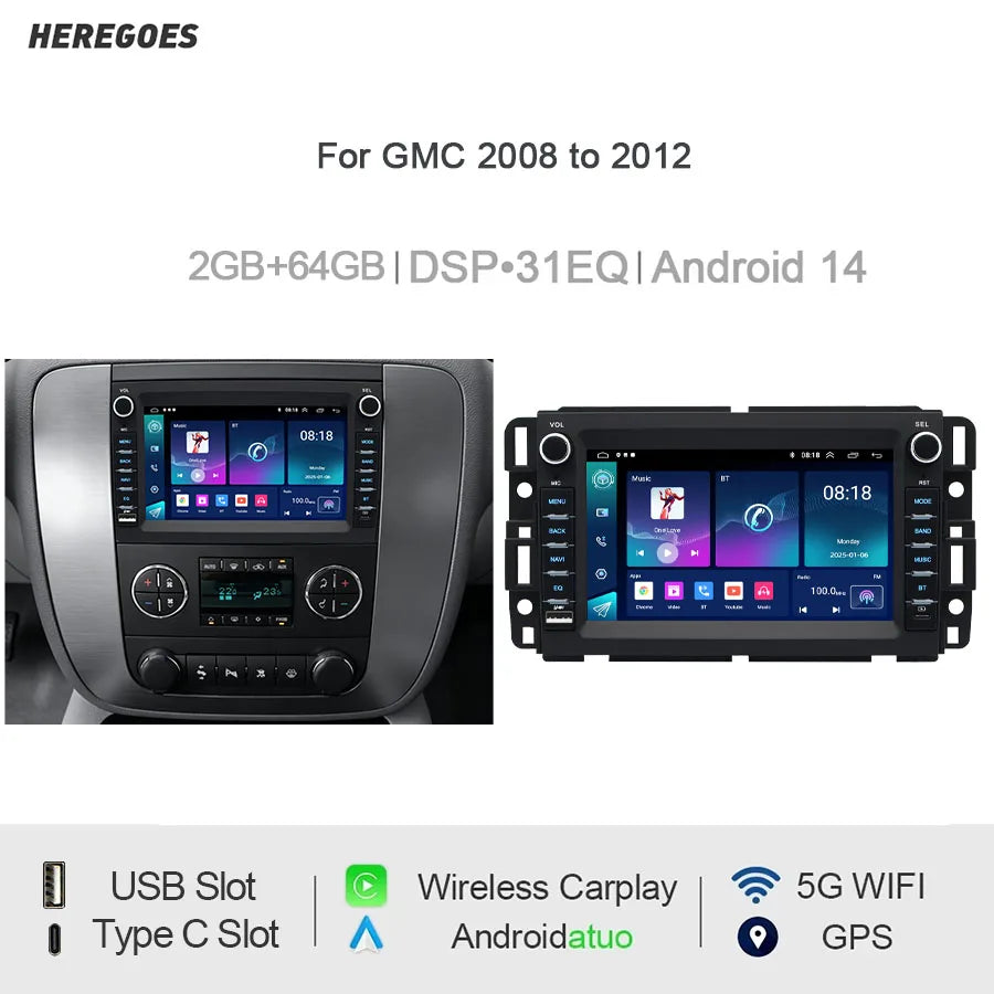 7" Car Radio GPS for GMC 2008-2012 Wireless CarPlay Android Auto Bluetooth Steering Control - 2GB 64GB