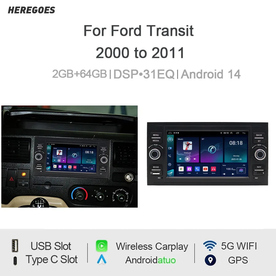 7" Android Car Radio GPS Type-C for Ford Transit 2000-2011 Wireless CarPlay Android Auto Bluetooth Steering Control - 2G