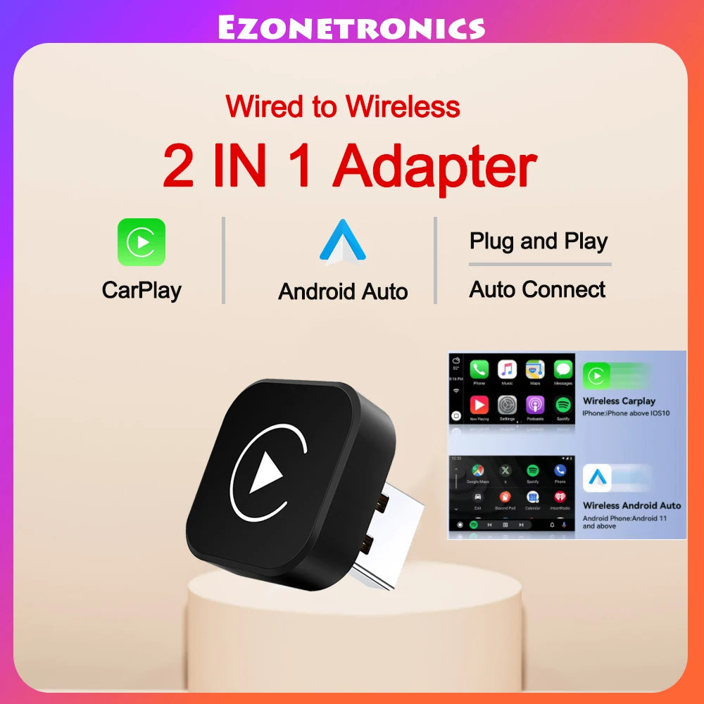 2in1 Wired to Wireless CarPlay Android Auto Adapter for OEM Car Stereo With USB Plug and P