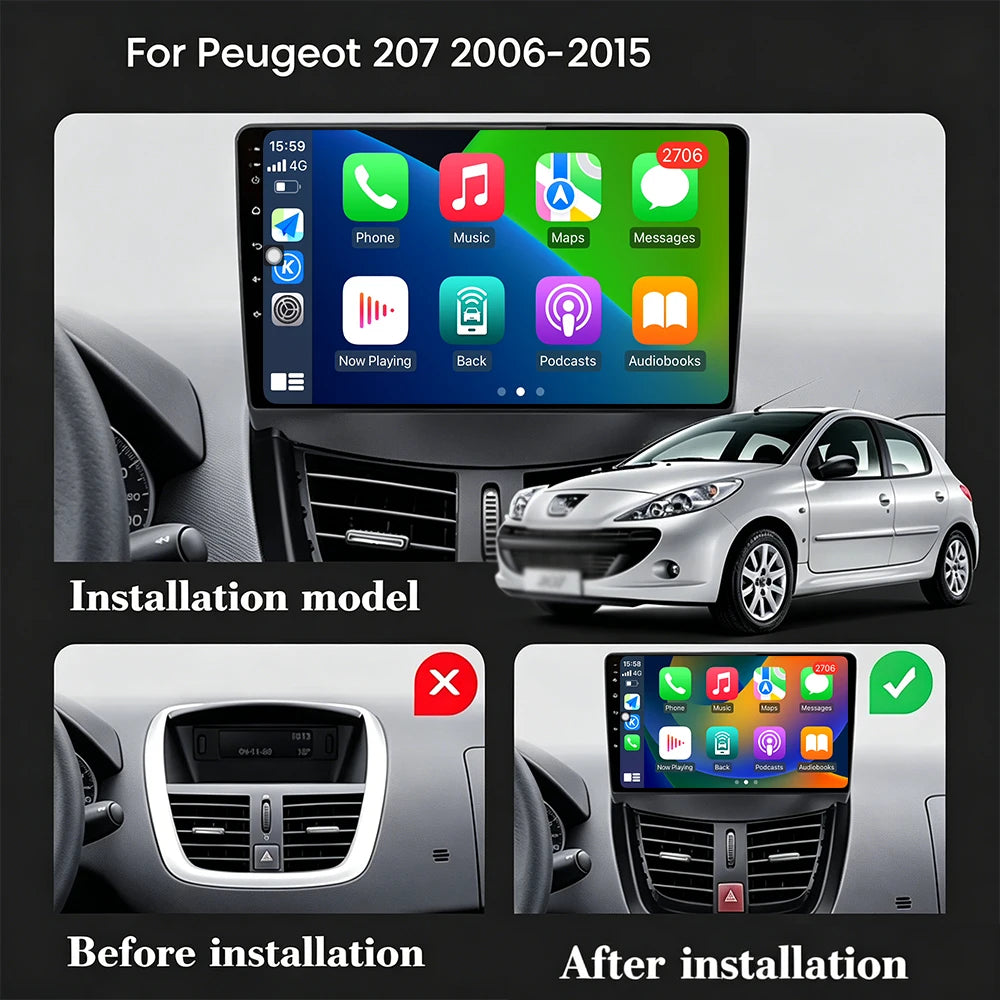 Wireless CarPlay Android 16 For Peugeot 207 207CC 2006-2015 Car Multimedia Player Navigati