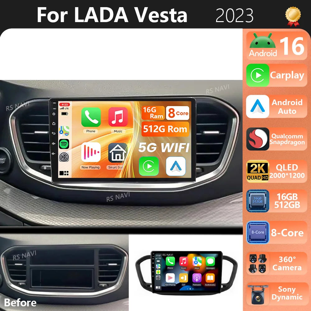 Android 16 Carplay Auto Qualcomm 2K QLED Screen Car Radio Player For LADA Vesta 2023 Multm